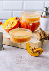 Autumn, Thanksgiving cocktails. Pumpkin margarita or Martini with cinnamon on stone table.