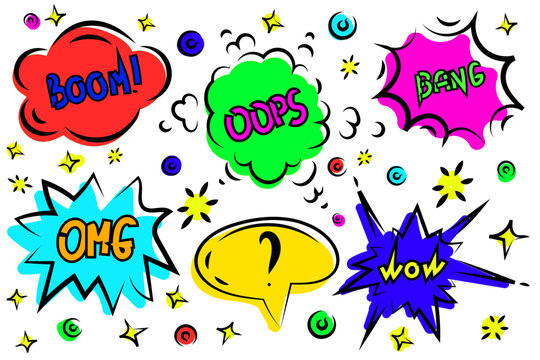 Comic speech bubble set with text boom, oops, sound expression of emotion bang, omg. Hand drawn retro cartoon explosions stickers.