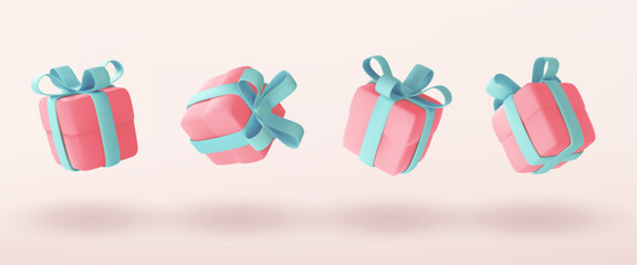 Cute pastel gift boxes different angles set. 3D holiday surprise boxes.