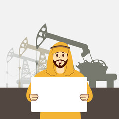 Arab businessman protests with a white placard against the backdrop of oil rigs and oil production. Oil business concept with saudi arab man. Man in Gutra dishdasha at a rally meeting with a banner.