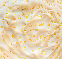 meringue apple pie background; macro Cream Pies with golden apple caramel syrup drops ; pastry...