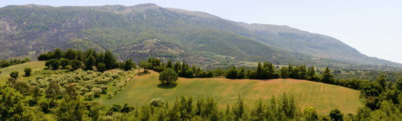 Rural landscape with fields and mount Erymanthos in Greece