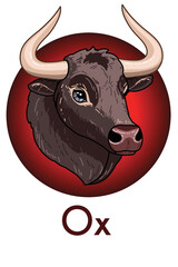 Bull head hand-drawn in doodle style, color illustration. Logo in vector. chinese horoscope