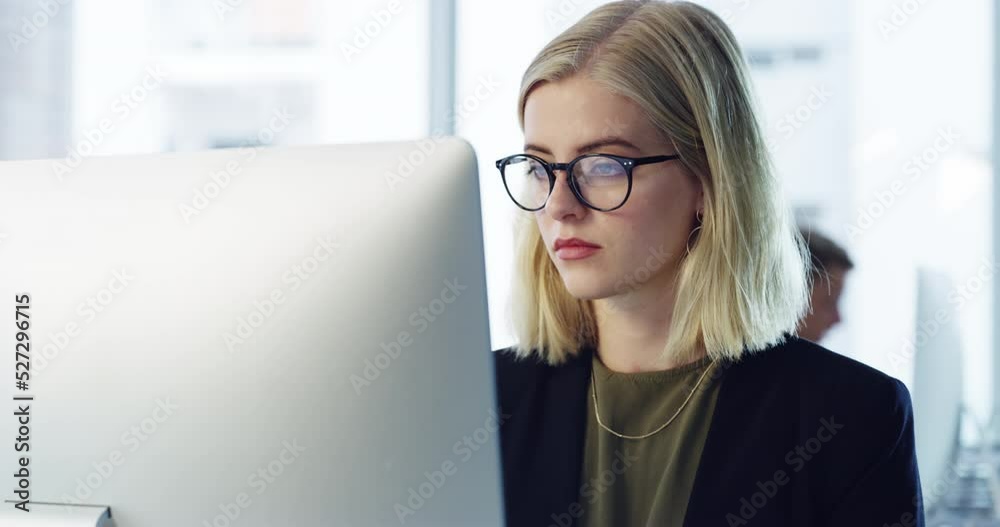 Poster thinking, serious graphic designer, business woman or software computer worker for online for websit
