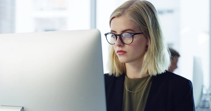 Thinking, serious graphic designer, business woman or software computer worker for online for website ux or ui design. Experience of professional expert reading digital report with glasses in office