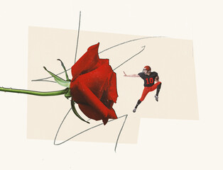 Contemporary art collage. Creative design. Young man, american football player training with bat. Rose flower