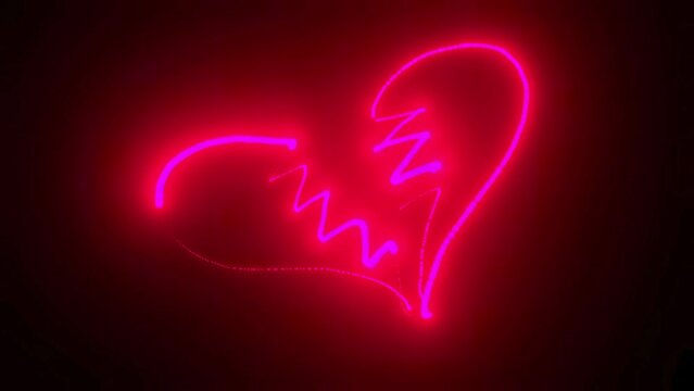 Luminous neon pink broken heart icon on black background