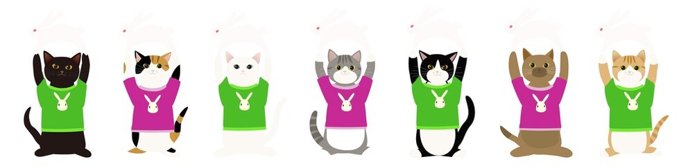 ウサギを両手に掲げて卯年を祝う七匹の猫がウサギのTシャツを着ている 背景透明png