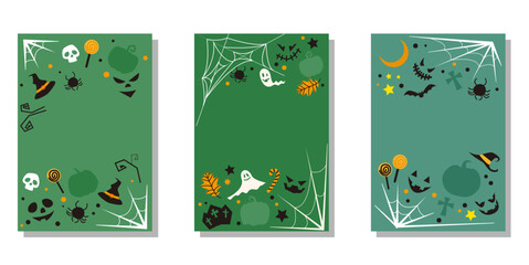 Set of Happy halloween concept decoration frame. Halloween vector template collection. scary, horror, halloween pumpkins, monster, bat, spider, spider wire, candy and ornaments. Vector illustration.