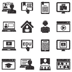 E-learning Icons. Black Scribble Design. Vector Illustration.