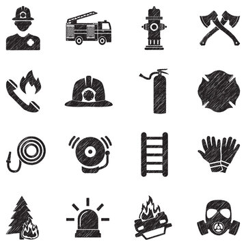 Firefighter Icons. Black Scribble Design. Vector Illustration.