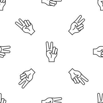Grey line Hand showing two finger icon isolated seamless pattern on white background. Hand gesture V sign for victory or peace. Vector