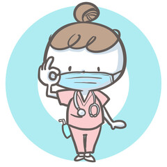 マスクをつけてOKサインする看護師　カラーバージョン