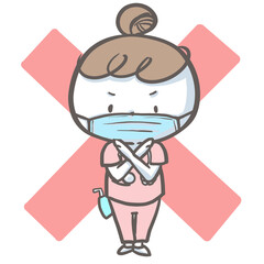 マスクをつけてバツマークする看護師　カラーバージョン