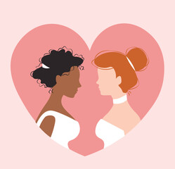 Flat vector female wedding. Two women silhouettes in love. Lgbt marriage.