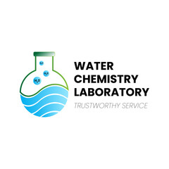The Water Chemistry Laboratory logo with the Erlenmeyer symbol, the silhouette of water and the h2o molecule is suitable for environmental health laboratory logos