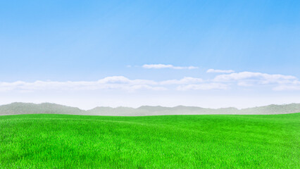 bright green meadow Outdoors or in the mountains. natural landscape with green grass fields and blue sky with clouds with curved horizon lines. 3D Rendering