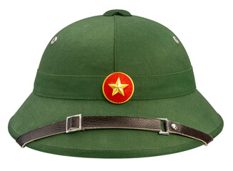 Military classic green helmet with golden star isolated on white background with work path.