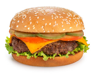 Hamburger with cheese, tomato, onion, lettuce and ketchup mustard isolated on white background, Hamburger on white With work path.