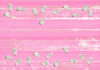 コスモスピンクのビンテージウッドと、白い秋桜の花びら