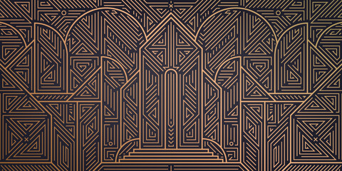 Vector abstract geometric golden background. Art deco wedding, party pattern, geometric ornament, linear style. Horizontal orientation luxury decoration element, buildings, city, arch, illustration.