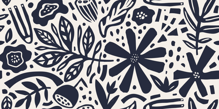 Vector Hand drawn minimal abstract organic shapes seamless pattern, eaves and flowers. Collage contemporary print. Nature cutout artistic background.