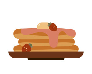 Stack of pancakes served with butter and strawberry jam.