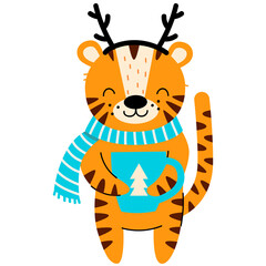 Cute tiger with Christmas present.