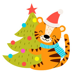 Cute tiger with Christmas tree. 