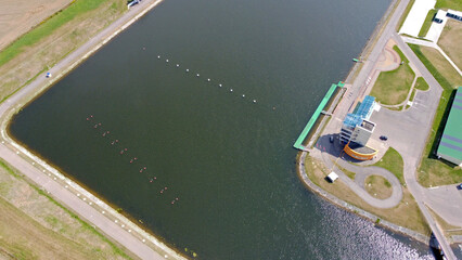 Aerial view of a beautiful sports complex for kayaks. River and water pool for boats.