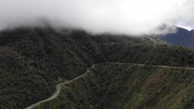 Drone view of Death Road in La Paz, Bolivia on a sunny day