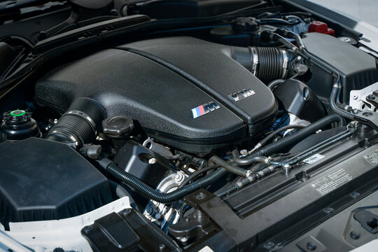 Berlin, Germany - August 14, 2022: BMW engine. Modern V10 engine in a German premium sports car. Automotive, motors, manufacturing concept.