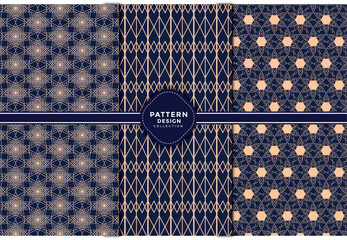 Abstract seamless geometric patterns with a golden color and blue background.