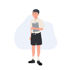 Asian student in school uniform. Thai student boy is holding a whitelist board. vector illustration
