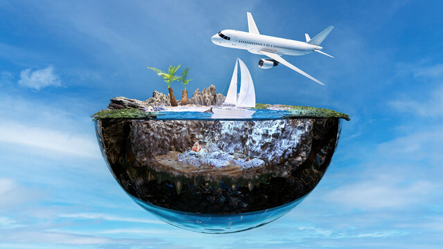 Querschnitt durch eine Erdhalbkugel mit Blick auf eine tropische Insel und Einblick in die Unterwasserwelt - 3D-Illustration