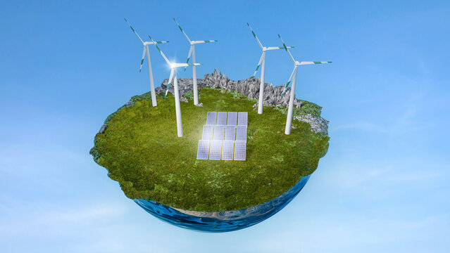 Photovoltaik und Windkraftanlagen auf Erdhalbkugel - 3D-Illustration