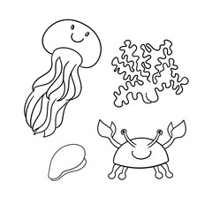 Monochrome set of icons, cute sea characters, funny crab, coral twigs and jellyfish, vector cartoon