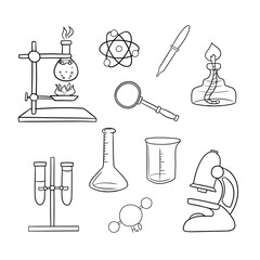 Monochrome Large set of icons, chemical experiments with heating, vector i cartoon