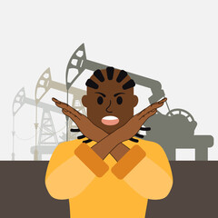 African american man crossing arms, showing no with hands the background of oil platforms pumping towers petroleum. Black young male making X shape, stop sign with hands. World oil crisis embargo.