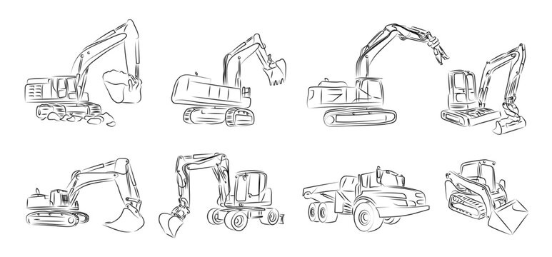 8 Bagger Zeichnungen | excavator drawnings Vector graphics