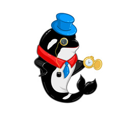 killer whale Gentleman Cartoon Character. orca in top hat, with monocle and retro pocket watch illustration isolated. underwater wild sea animal. shark dolphin funny picture for mascote, stiker