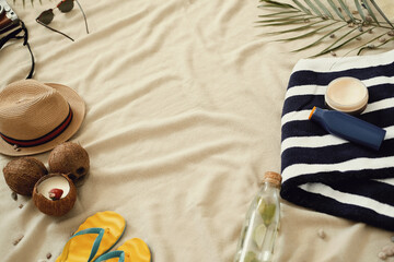 Traveler accessories, tropical palm leaf branches on white background with empty space for text. 