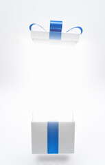 light shining open silver  gift box with blue satin bow ribbon in  air on white copy space background.concept for happy surprise christmas and father's day