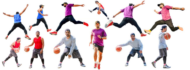 Collection of Asian athletes in various poses. Athletes, basketball, running, jumping on a white background.