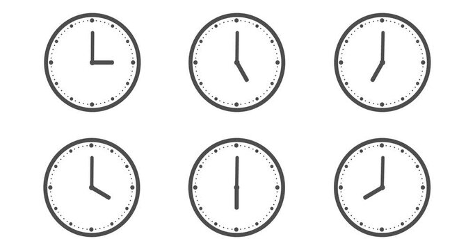 Clock with different time zones. Wall Clock animation. Seamless motion animated footage, white background, time concept. Move over many clocks, 24 hour spinning time lapse. 