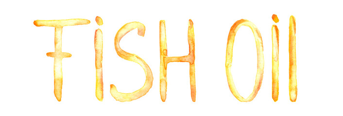 Fish oil pills in a golden jelly shell letters Fish oil on white background.