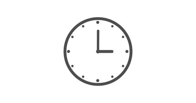 Clock with grey frame in a 12 hours loop. Round pointers with copy space. Animation wall clock on white background. Endless infinity counter. 4K UHD Clock Counting Down 12 Hour Day Fast Speed. 