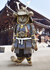 Kitty Samurai themed background.Concept portrait of a cute cat dressed in traditional Japanese warrior uniform equipped with a katana . 3d rendering . Part of a kitty cat portrait themed series.