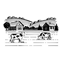 Hand drawn vector landscape with village house and cows grazing in the meadow. Ideal for banner, label, logotype, packaging. Vector sketch illustration
