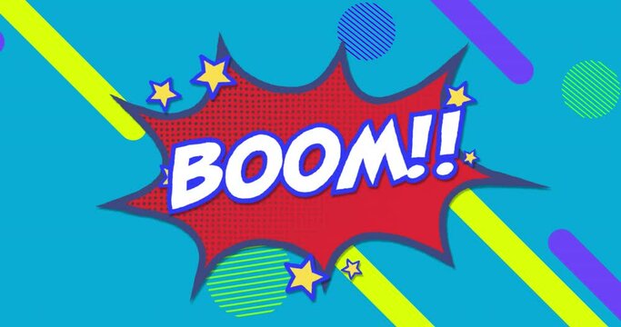 Animation of boom text over shapes on blue background